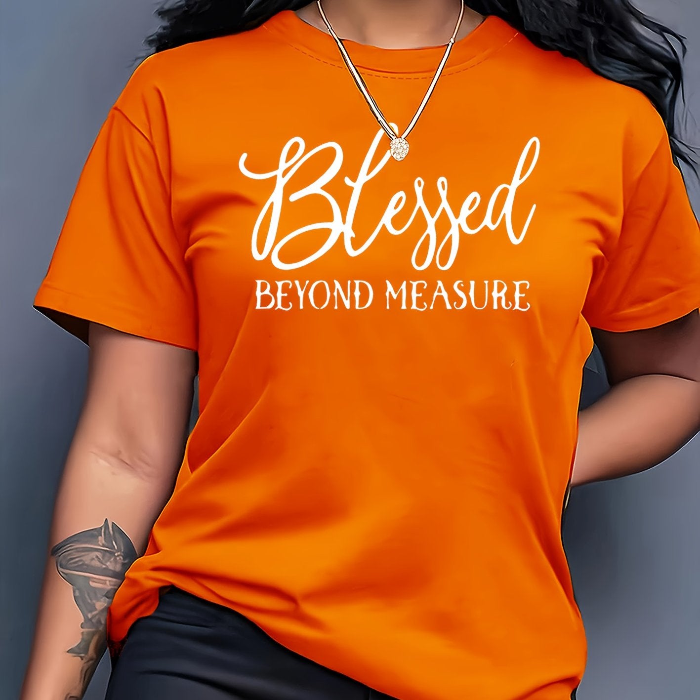 Women'S Inspirational Quote T-Shirt, "Blessed Beyond Measure" White Lettering, Casual Crew Neck Short Sleeve Top, 100% Polyester Knit Fabric, All Season Wear, 180gsm - Orange